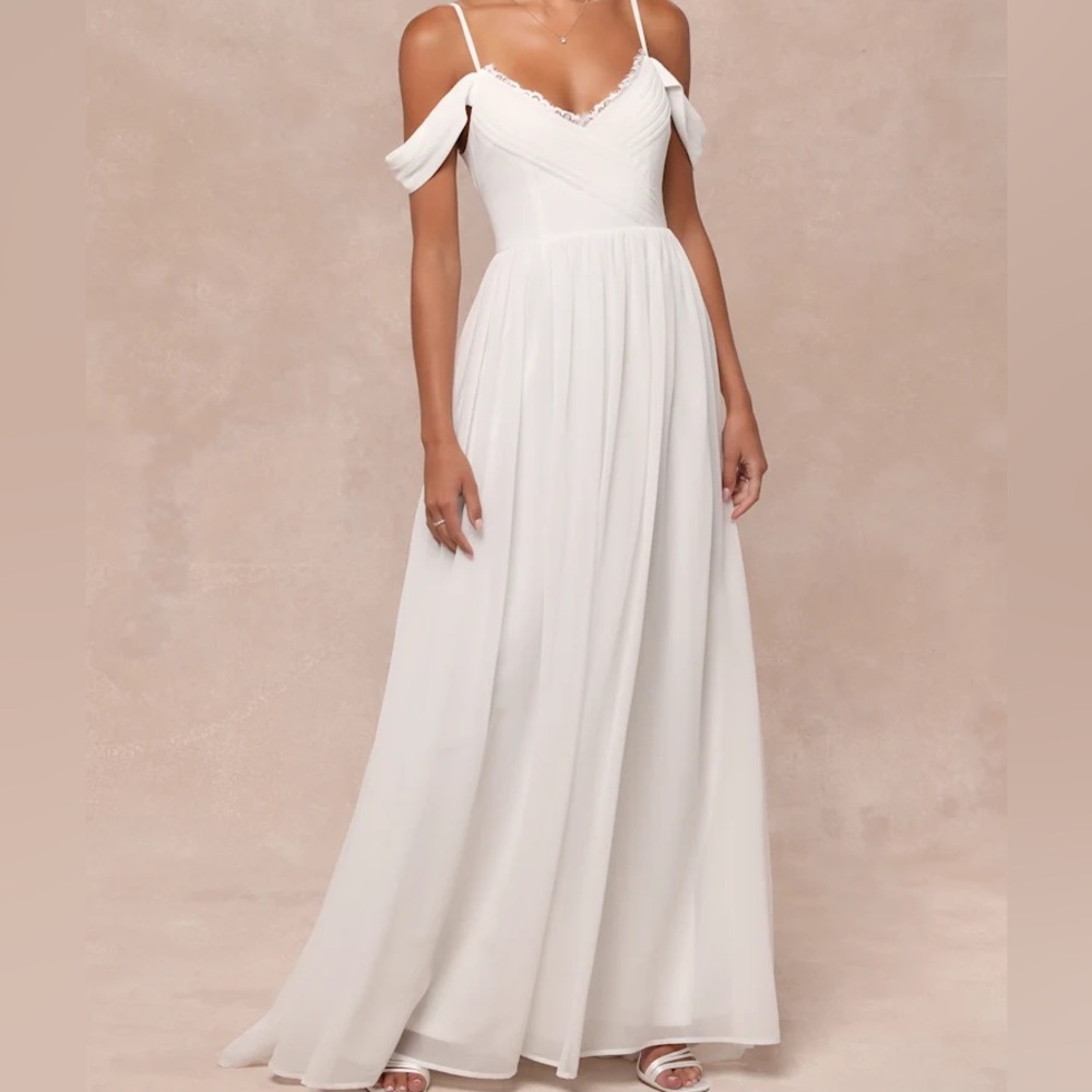 Lulu's Marcelyn White Pleated Cold-Shoulder Maxi Wedding Bridal Dress NWT